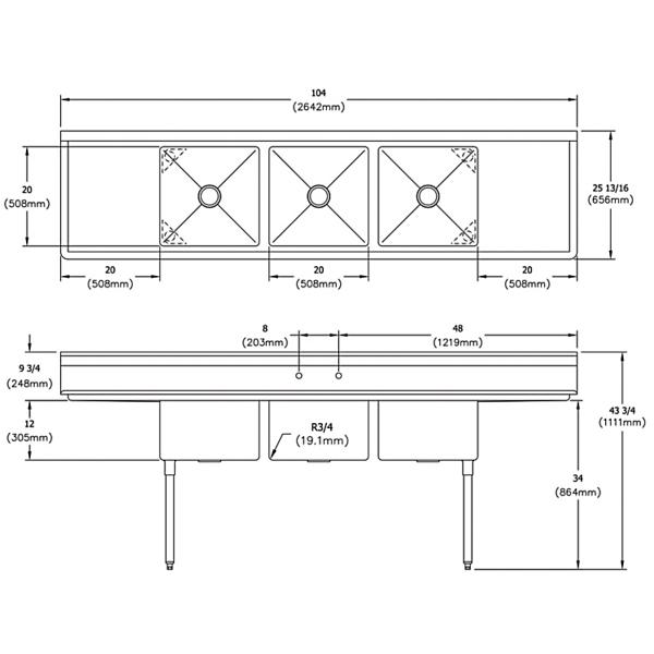 Elkay E3C20X20-2-20X Dependabilt Stainless Steel 104" x 25-13/16" x 43-3/4" 18 Gauge Three Compartment Sink w/ 20" Left and Right Drainboards & Stainless Steel Legs