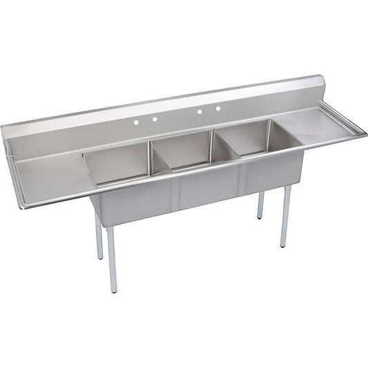 Elkay E3C24X24-2-24X Dependabilt Stainless Steel 124" x 29-13/16" x 43-3/4" 18 Gauge Three Compartment Sink w/ 24" Left and Right Drainboards & Stainless Steel Legs