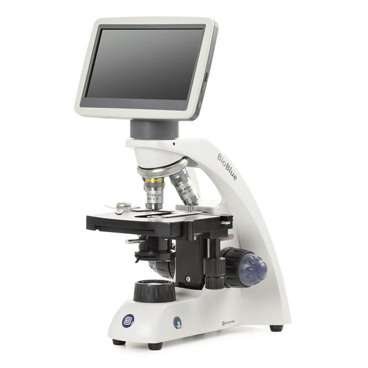 Globe Scientific EBB-4220-LCD BioBlue microscope with 7-inch LCD screen and SMP 4/10/S40 objectives with mechanical stage and 1W LED cordless illumination