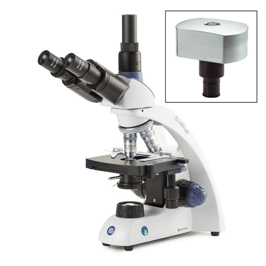 Globe Scientific EBB-4253-DC18 BioBlue trinocular microscope SMP 4/10/S40/S100x oil objectives with mechanical stage and 1W NeoLED™ cordless illumination with CMEX-18 Pro 18.0MP digital USB-3 camera with 1/2.3 inch CMOS sensor