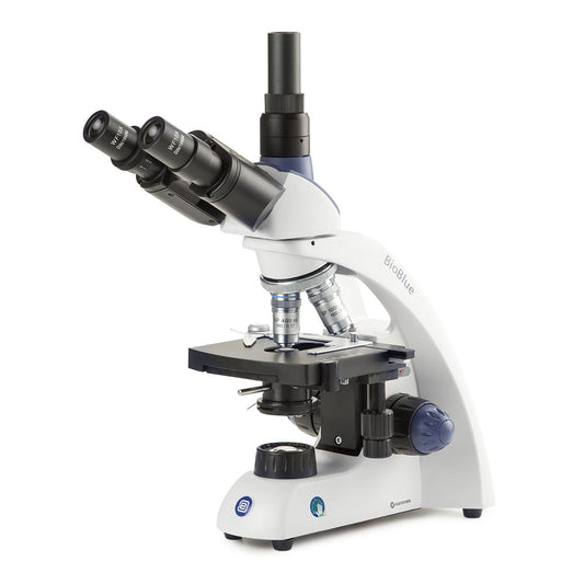 Globe Scientific EBB-4253 BioBlue trinocular microscope SMP 4/10/S40/S100x oil objectives with mechanical stage and 1W NeoLED™ cordless illumination