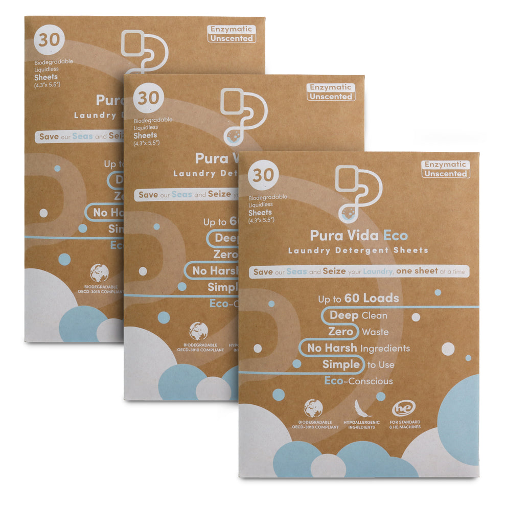 EarthSafe ECAHPVLUNS3PK Pura Vida Eco Laundry Detergent Sheets - Unscented, 90 Sheets (up to 180 Loads), (3 Packs of 30)