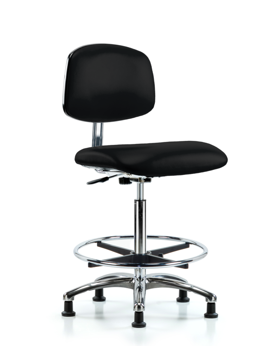 Blue Ridge Ergonomics ECR-VHBCH-CR-CF-EG-ESDBLK Class 10 Clean Room/ESD Vinyl Chair - High Bench Height with Chrome Foot Ring & ESD Stationary Glides in ESD Black Vinyl