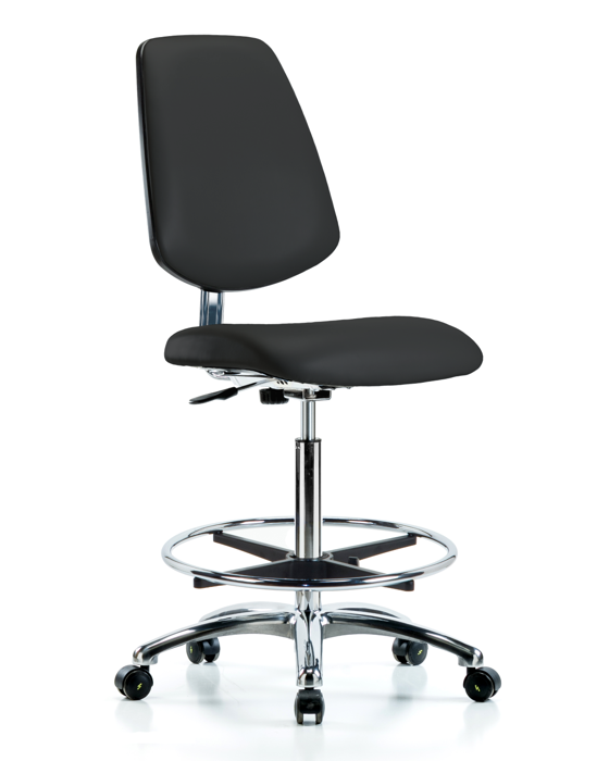 Blue Ridge Ergonomics ECR-VHBCH-MB-CR-CF-EC-ESDBLK Class 10 Clean Room/ESD Vinyl Chair - High Bench Height with Medium Back, Chrome Foot Ring, & ESD Casters in ESD Black Vinyl