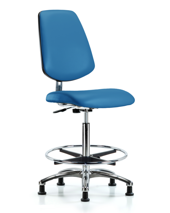 Blue Ridge Ergonomics ECR-VHBCH-MB-CR-CF-EG-ESDBLU Class 10 Clean Room/ESD Vinyl Chair - High Bench Height with Medium Back, Chrome Foot Ring, & ESD Stationary Glides in ESD Blue Vinyl
