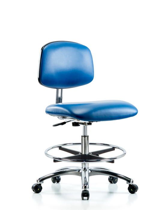 Blue Ridge Ergonomics ECR-VMBCH-CR-CF-EC-ESDBLU Class 10 Clean Room/ESD Vinyl Chair - Medium Bench Height with Chrome Foot Ring & ESD Casters in ESD Blue Vinyl