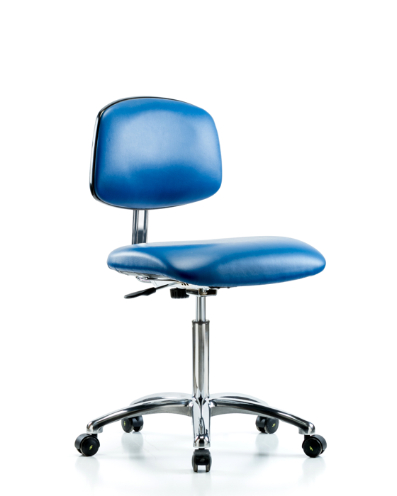 Blue Ridge Ergonomics ECR-VMBCH-CR-NF-EC-ESDBLU Class 10 Clean Room/ESD Vinyl Chair - Medium Bench Height with ESD Casters in ESD Blue Vinyl