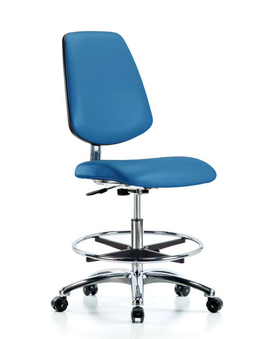 Blue Ridge Ergonomics ECR-VMBCH-MB-CR-CF-EC-ESDBLU Class 10 Clean Room/ESD Vinyl Chair - Medium Bench Height with Medium Back, Chrome Foot Ring, & ESD Casters in ESD Blue Vinyl