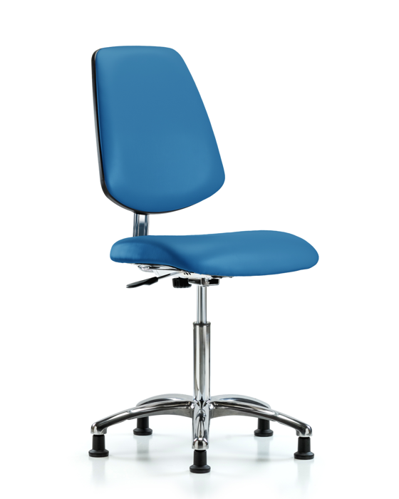 Blue Ridge Ergonomics ECR-VMBCH-MB-CR-NF-EG-ESDBLU Class 10 Clean Room/ESD Vinyl Chair - Medium Bench Height with Medium Back & ESD Stationary Glides in ESD Blue Vinyl