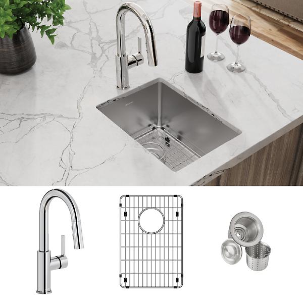 Elkay ECTRU12179TFCBC Crosstown® 18 Gauge Stainless Steel 13-1/2" x 18-1/2" x 9" Single Bowl Undermount Bar Sink & Faucet Kit with Bottom Grid & Drain