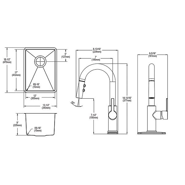 Elkay ECTRU12179TFCBC Crosstown® 18 Gauge Stainless Steel 13-1/2" x 18-1/2" x 9" Single Bowl Undermount Bar Sink & Faucet Kit with Bottom Grid & Drain