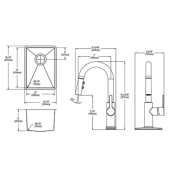 Elkay ECTRU12179TFCC Crosstown® 18 Gauge Stainless Steel 13-1/2" x 18-1/2" x 9" Single Bowl Undermount Bar Sink & Faucet Kit with Drain