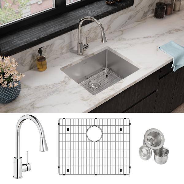 Elkay ECTRU21179TFCBC Crosstown® 18 Gauge Stainless Steel 22-1/2" x 18-1/2" x 9" Single Bowl Undermount Sink & Faucet Kit with Bottom Grid & Drain