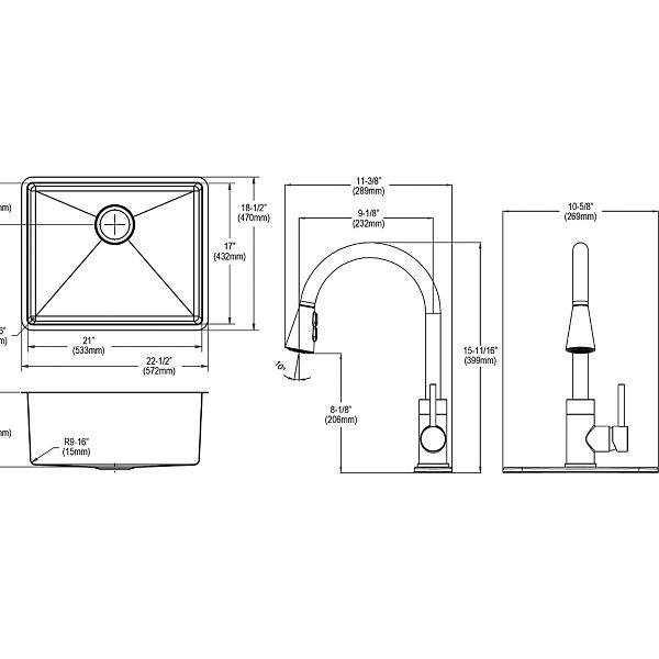 Elkay ECTRU21179TFCC Crosstown® 18 Gauge Stainless Steel 22-1/2" x 18-1/2" x 9" Single Bowl Undermount Sink & Faucet Kit with Drain