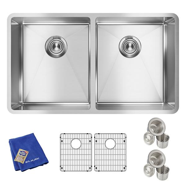 Elkay ECTRU31179TC Crosstown® 18 Gauge Stainless Steel 31-1/2" x 18-1/2" x 9" Equal Double Bowl Undermount Sink Kit