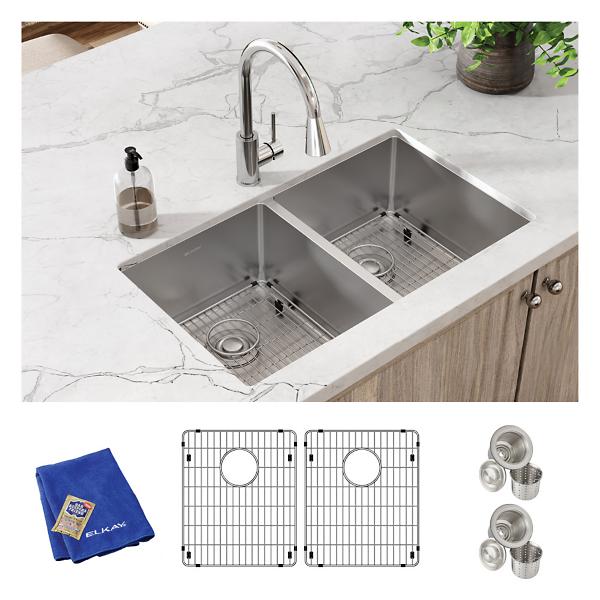 Elkay ECTRU31179TC Crosstown® 18 Gauge Stainless Steel 31-1/2" x 18-1/2" x 9" Equal Double Bowl Undermount Sink Kit