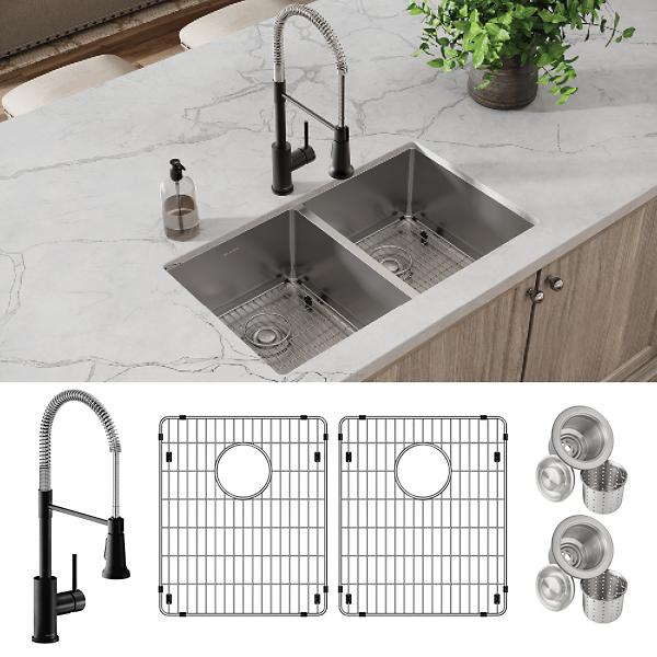 Elkay ECTRU31179TFMBC Crosstown® 18 Gauge Stainless Steel 31-1/2" x 18-1/2" x 9" Equal Double Bowl Undermount Sink & Faucet Kit with Bottom Grid & Drain