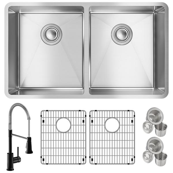 Elkay ECTRU31179TFMBC Crosstown® 18 Gauge Stainless Steel 31-1/2" x 18-1/2" x 9" Equal Double Bowl Undermount Sink & Faucet Kit with Bottom Grid & Drain