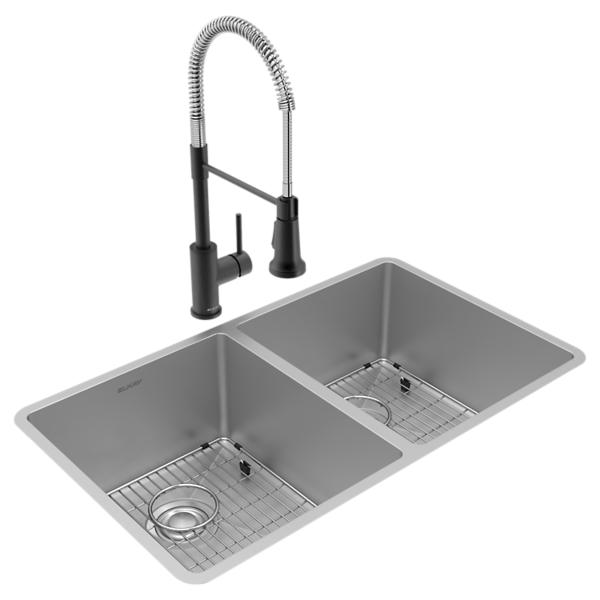 Elkay ECTRU31179TFMBC Crosstown® 18 Gauge Stainless Steel 31-1/2" x 18-1/2" x 9" Equal Double Bowl Undermount Sink & Faucet Kit with Bottom Grid & Drain