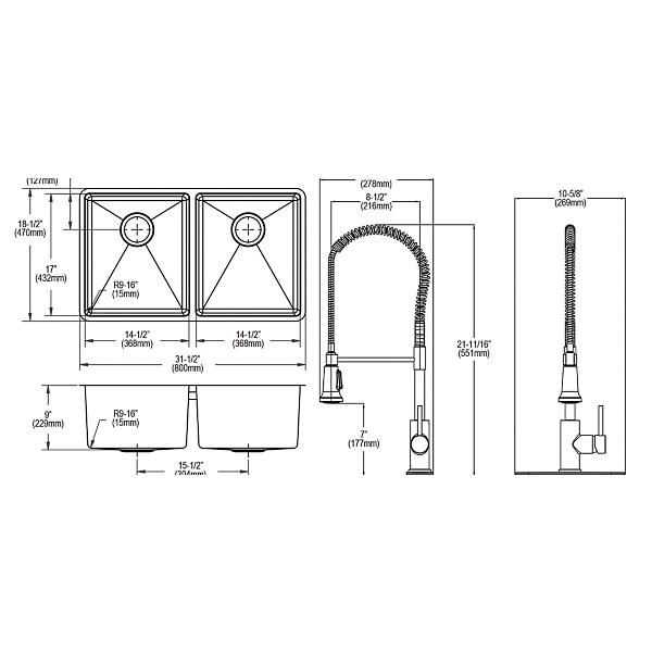 Elkay ECTRU31179TFMBC Crosstown® 18 Gauge Stainless Steel 31-1/2" x 18-1/2" x 9" Equal Double Bowl Undermount Sink & Faucet Kit with Bottom Grid & Drain