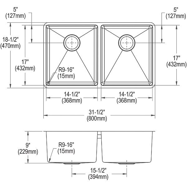 Elkay ECTRU31179TC Crosstown® 18 Gauge Stainless Steel 31-1/2" x 18-1/2" x 9" Equal Double Bowl Undermount Sink Kit