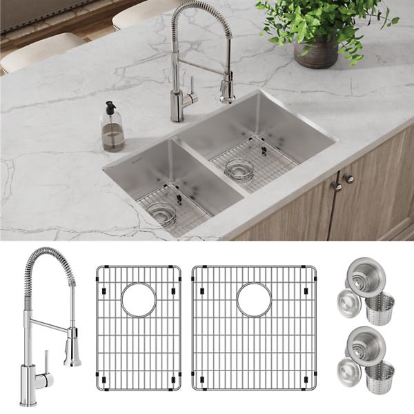 Elkay ECTRU32179LTFBC Crosstown® 18 Gauge Stainless Steel 31-1/2" x 18-1/2" x 9" 40/60 Double Bowl Undermount Sink & Faucet Kit with Bottom Grid & Drain