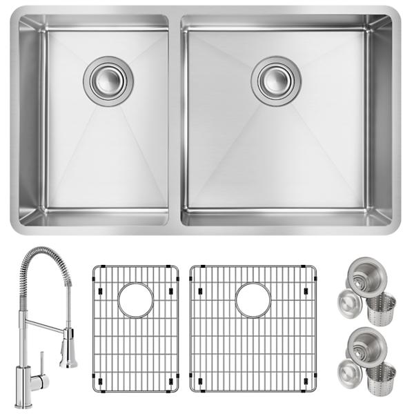 Elkay ECTRU32179LTFBC Crosstown® 18 Gauge Stainless Steel 31-1/2" x 18-1/2" x 9" 40/60 Double Bowl Undermount Sink & Faucet Kit with Bottom Grid & Drain