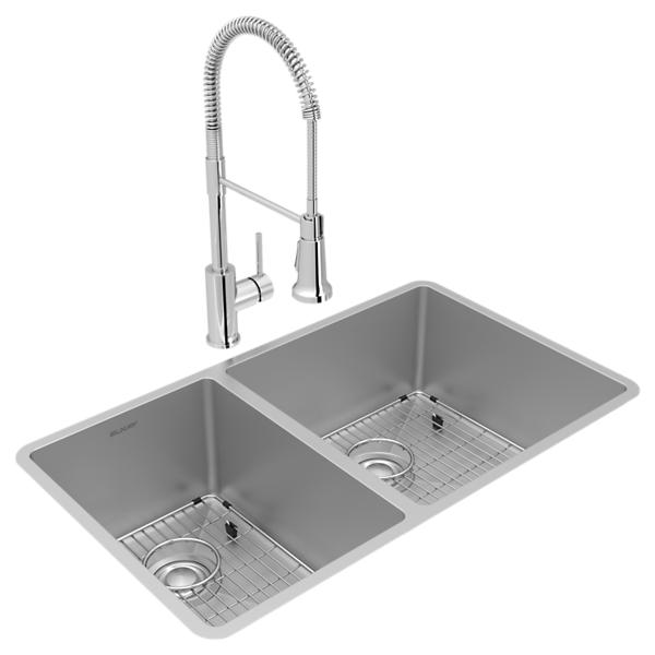 Elkay ECTRU32179LTFBC Crosstown® 18 Gauge Stainless Steel 31-1/2" x 18-1/2" x 9" 40/60 Double Bowl Undermount Sink & Faucet Kit with Bottom Grid & Drain