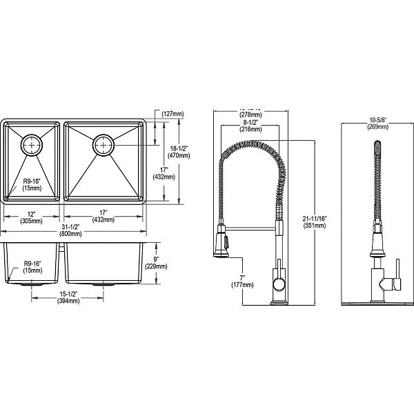 Elkay ECTRU32179LTFBC Crosstown® 18 Gauge Stainless Steel 31-1/2" x 18-1/2" x 9" 40/60 Double Bowl Undermount Sink & Faucet Kit with Bottom Grid & Drain