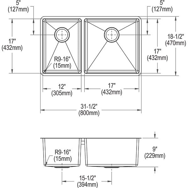 Elkay ECTRU32179LT Crosstown® 18 Gauge Stainless Steel 31-1/2" x 18-1/2" x 9" 40/60 Double Bowl Undermount Sink