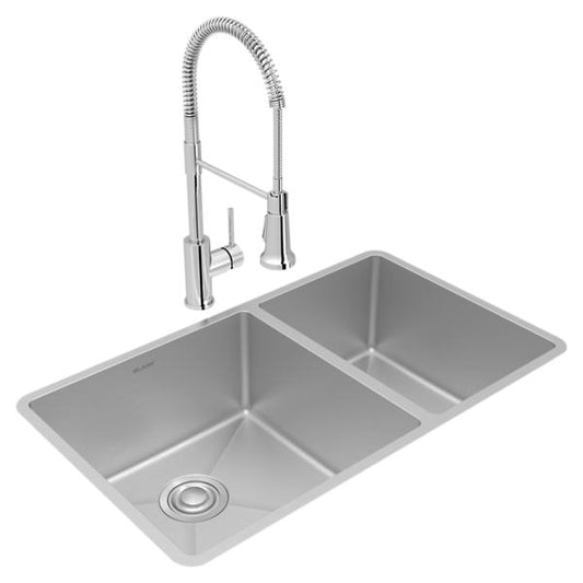 Elkay ECTRU32179RTFCC Crosstown® 18 Gauge Stainless Steel 31-1/2" x 18-1/2" x 9" 60/40 Double Bowl Undermount Sink & Faucet Kit with Drain