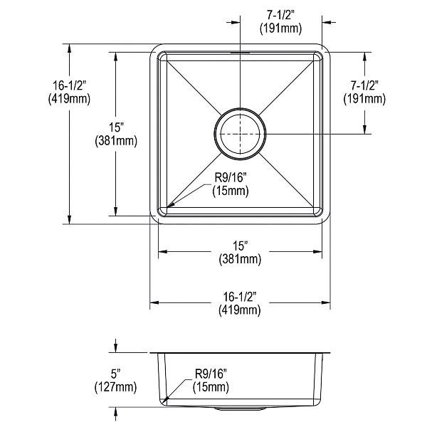 Elkay ECTRUAD151550 Crosstown® 18 Gauge Stainless Steel 16-1/2" x 16-1/2" x 5" Single Bowl Undermount Sink