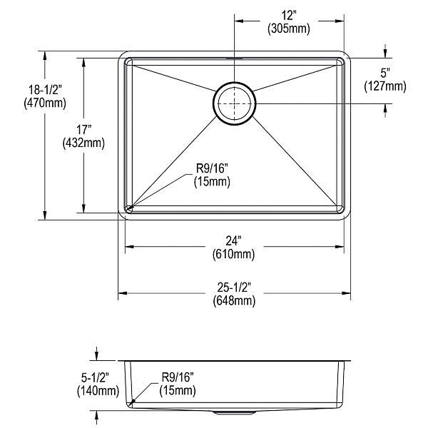 Elkay ECTRUAD241755 Crosstown® 18 Gauge Stainless Steel 25-1/2" x 18-1/2" x 5-1/2" Single Bowl Undermount Sink