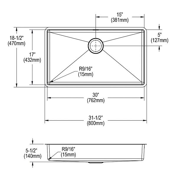 Elkay ECTRUAD301755 Crosstown® 18 Gauge Stainless Steel 31-1/2" x 18-1/2" x 5-1/2" Single Bowl Undermount Sink