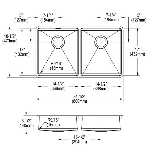 Elkay ECTRUAD311755 Crosstown® 18 Gauge Stainless Steel 31-1/2" x 18-1/2" x 5-1/2" Double Bowl Undermount Sink