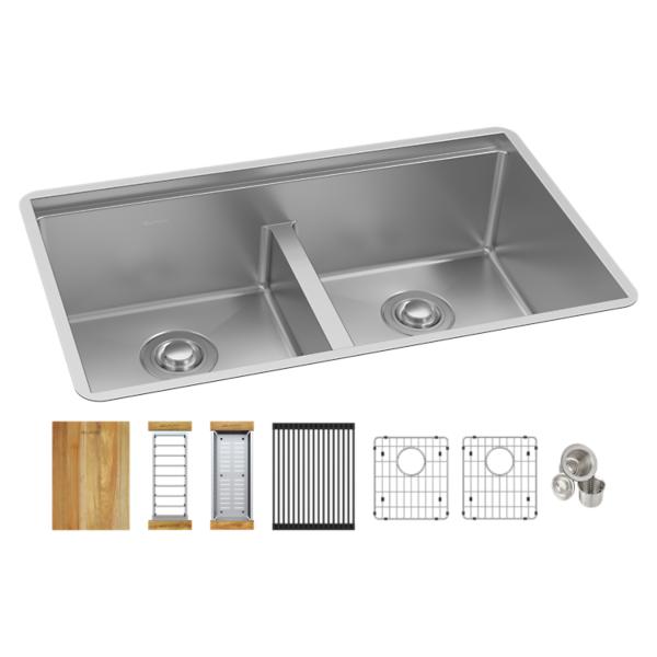 Elkay ECTRUAQ31169TWC Crosstown® 18 Gauge Workstation Stainless Steel 31-1/2" x 18-1/2" x 9" Equal Double Bowl Sink Kit with Aqua Divide