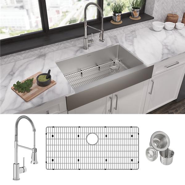 Elkay ECTRUF30179RFBC Crosstown® 18 Gauge Stainless Steel 35-7/8" x 20-1/4" x 9" Single Bowl Farmhouse Sink & Faucet Kit with Bottom Grid & Drain