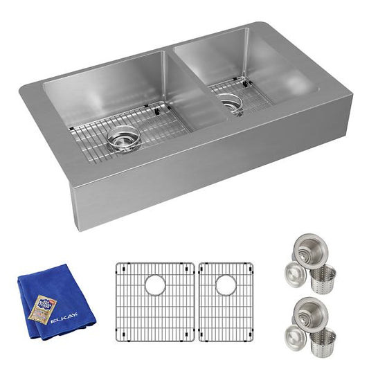 Elkay ECTRUF32179RC Crosstown® 18 Gauge Stainless Steel 35-7/8" x 20-1/4" x 9" 60/40 Double Bowl Farmhouse Sink Kit