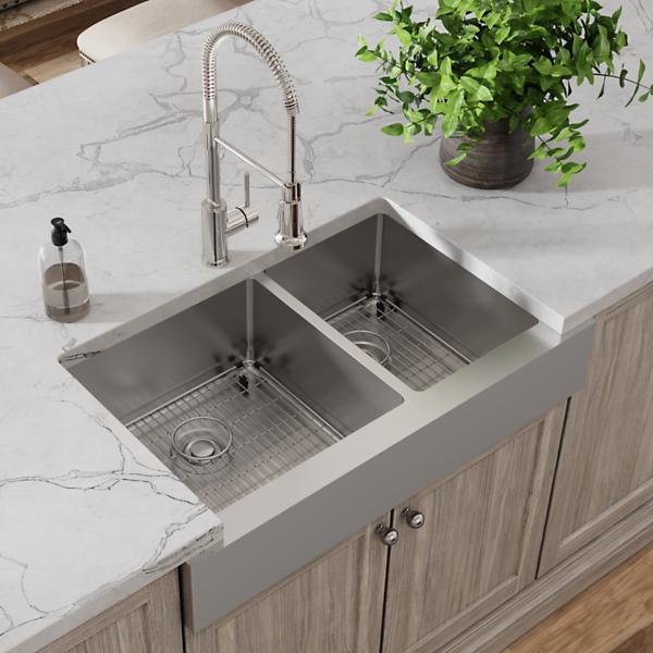 Elkay ECTRUF32179RFBC Crosstown® 18 Gauge Stainless Steel 35-7/8" x 20-1/4" x 9" 60/40 Double Bowl Farmhouse Sink & Faucet Kit with Bottom Grid & Drain