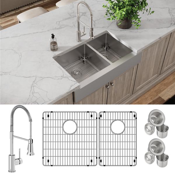 Elkay ECTRUF32179RFBC Crosstown® 18 Gauge Stainless Steel 35-7/8" x 20-1/4" x 9" 60/40 Double Bowl Farmhouse Sink & Faucet Kit with Bottom Grid & Drain