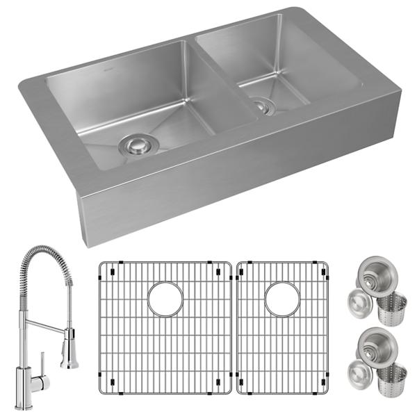 Elkay ECTRUF32179RFBC Crosstown® 18 Gauge Stainless Steel 35-7/8" x 20-1/4" x 9" 60/40 Double Bowl Farmhouse Sink & Faucet Kit with Bottom Grid & Drain