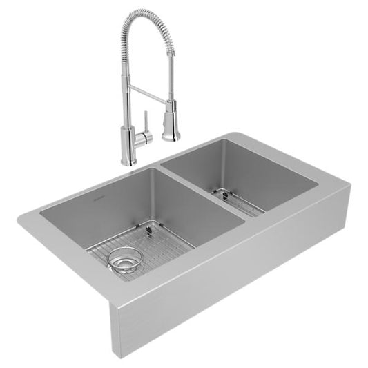 Elkay ECTRUF32179RFBC Crosstown® 18 Gauge Stainless Steel 35-7/8" x 20-1/4" x 9" 60/40 Double Bowl Farmhouse Sink & Faucet Kit with Bottom Grid & Drain