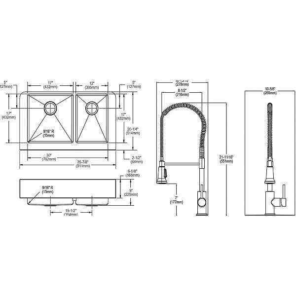 Elkay ECTRUF32179RFBC Crosstown® 18 Gauge Stainless Steel 35-7/8" x 20-1/4" x 9" 60/40 Double Bowl Farmhouse Sink & Faucet Kit with Bottom Grid & Drain