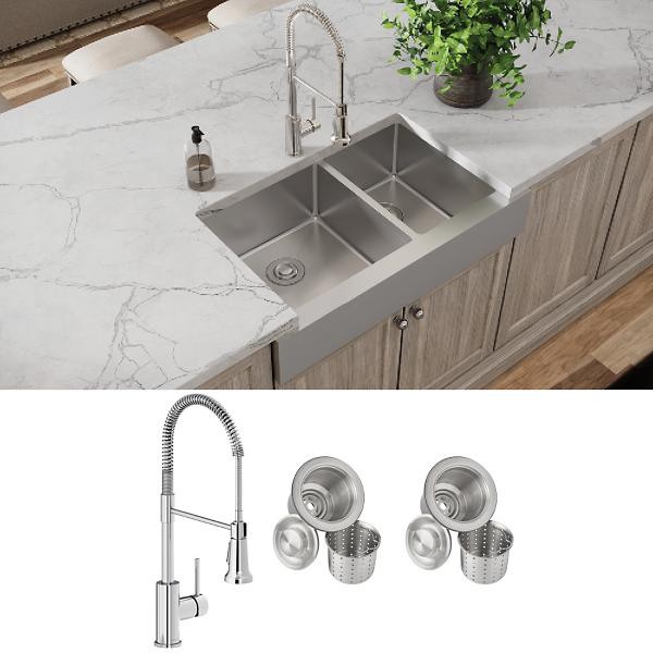 Elkay ECTRUF32179RFCC Crosstown® 18 Gauge Stainless Steel 35-7/8" x 20-1/4" x 9" 60/40 Double Bowl Farmhouse Sink & Faucet Kit with Drain