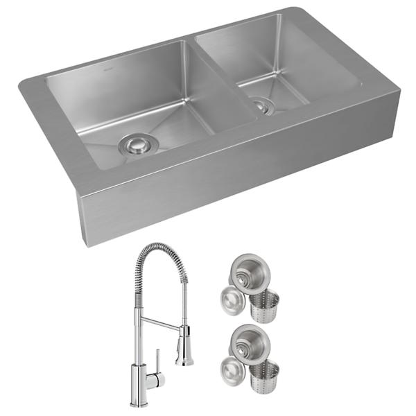 Elkay ECTRUF32179RFCC Crosstown® 18 Gauge Stainless Steel 35-7/8" x 20-1/4" x 9" 60/40 Double Bowl Farmhouse Sink & Faucet Kit with Drain