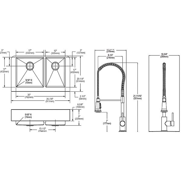 Elkay ECTRUF32179RFCC Crosstown® 18 Gauge Stainless Steel 35-7/8" x 20-1/4" x 9" 60/40 Double Bowl Farmhouse Sink & Faucet Kit with Drain