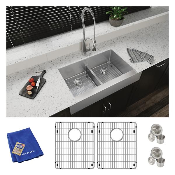 Elkay ECTRUFA32179C Crosstown® 18 Gauge Stainless Steel 35-7/8" x 20-1/4" x 9" Equal Double Bowl Farmhouse Sink Kit with Aqua Divide