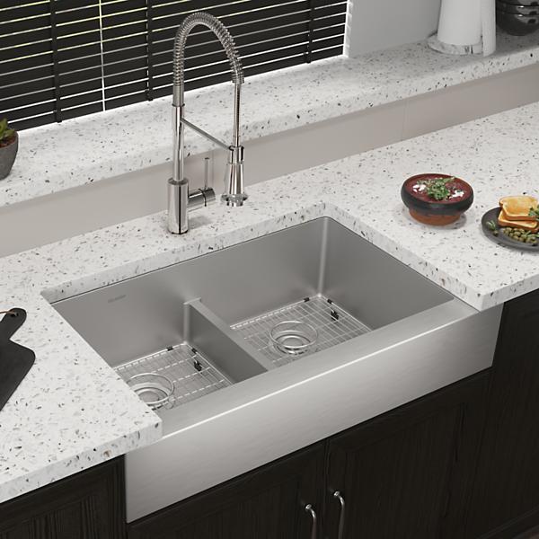 Elkay ECTRUFA32179FBC Crosstown® 18 Gauge Stainless Steel 35-7/8" x 20-1/4" x 9" Equal Double Bowl Farmhouse Sink & Faucet Kit with Aqua Divide & Bottom Grid & Drain