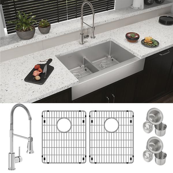 Elkay ECTRUFA32179FBC Crosstown® 18 Gauge Stainless Steel 35-7/8" x 20-1/4" x 9" Equal Double Bowl Farmhouse Sink & Faucet Kit with Aqua Divide & Bottom Grid & Drain