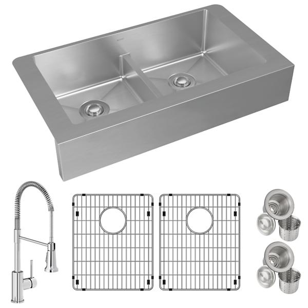 Elkay ECTRUFA32179FBC Crosstown® 18 Gauge Stainless Steel 35-7/8" x 20-1/4" x 9" Equal Double Bowl Farmhouse Sink & Faucet Kit with Aqua Divide & Bottom Grid & Drain